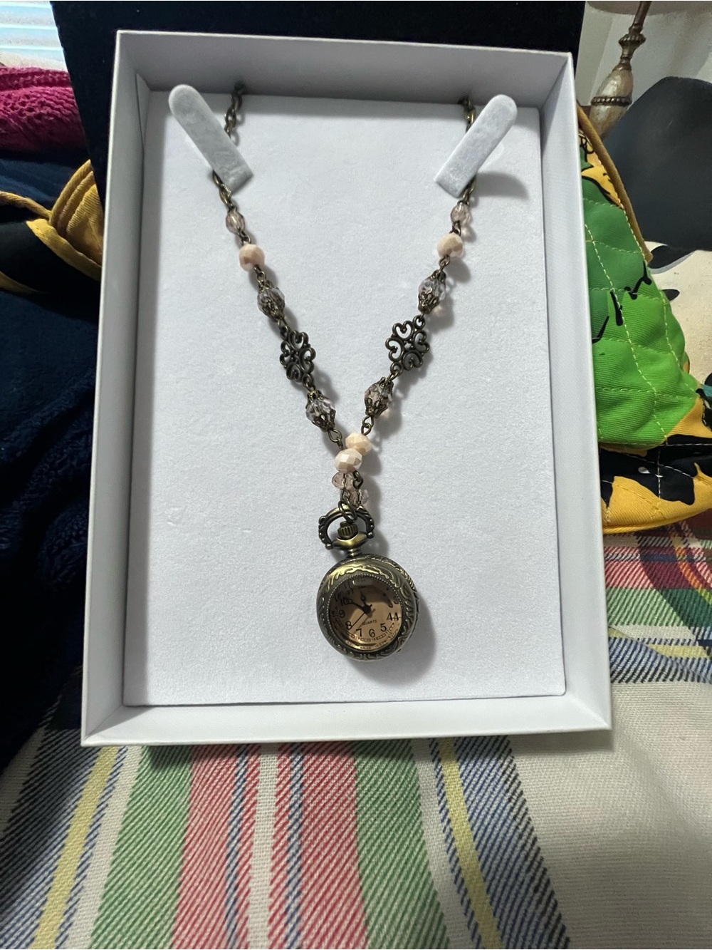 Antique-Style Bronze Pocket Watch Necklace with Soft Pink Beads